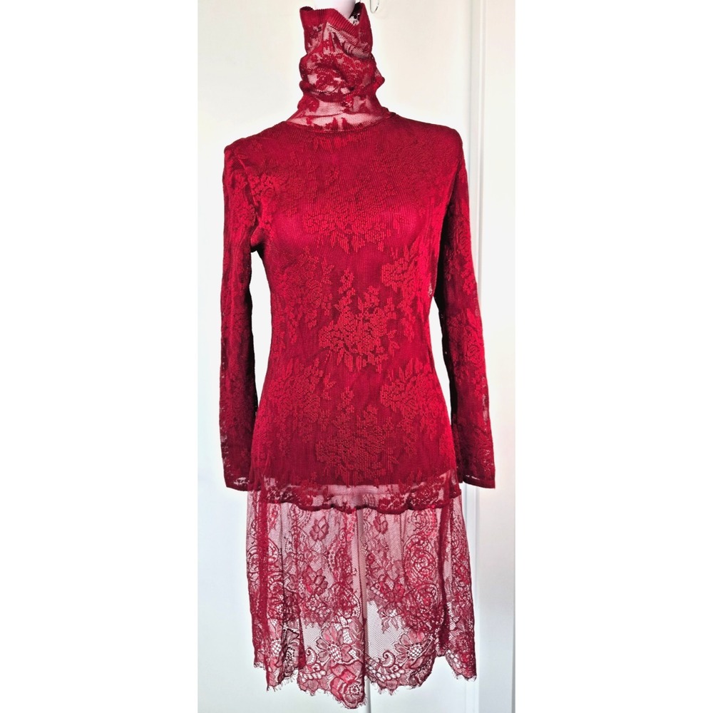 Burgundy Mesh Lace Turtle Neck Long Sleeves Bodycon Midi Dress Sz M Party Chic